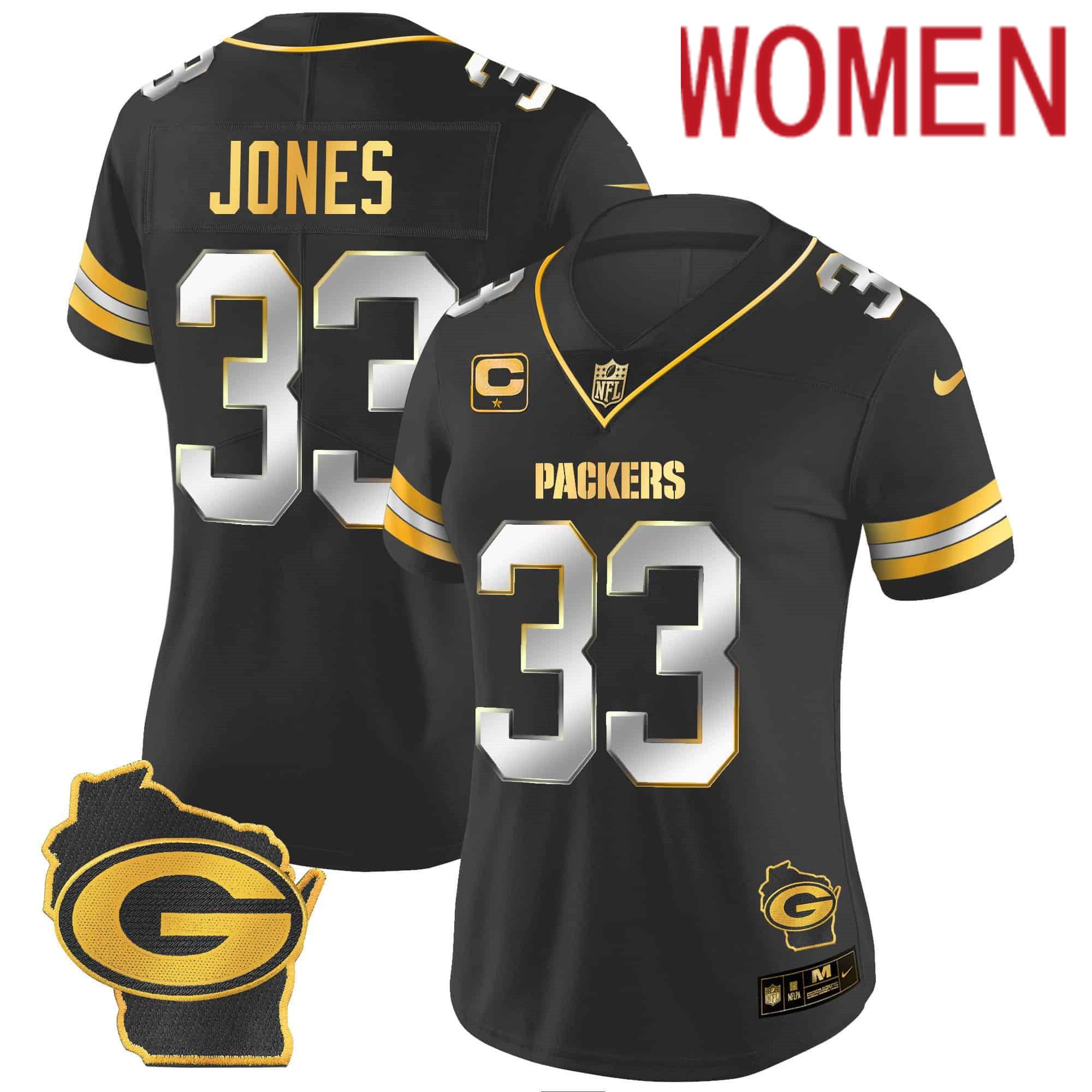 Women Green Bay Packers #33 Jones Black Gold 2024 Nike Home Patch Vapor NFL Jersey style 1->women nfl jersey->Women Jersey
